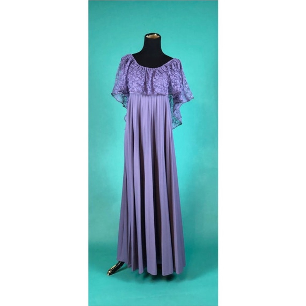 Lavender Purple Lace Collar Vintage 60s Empire Waist Pleated Trapeze Maxi Dress